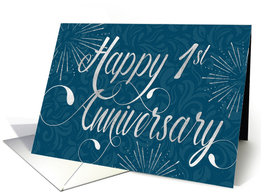 Employee Anniversary 1 Year - Swirly Text and Star Bursts - Blue card