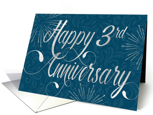 Employee Anniversary 3 Years - Swirly Text and Star Bursts - Blue card