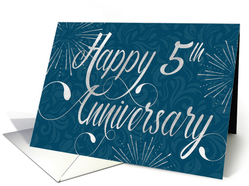 Employee Anniversary 5 Years - Swirly Text and Star Bursts - Blue card