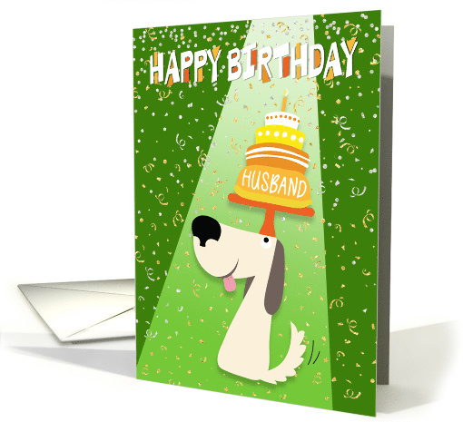 Husband Birthday Card - Dog Balancing Birthday Cake on Head card