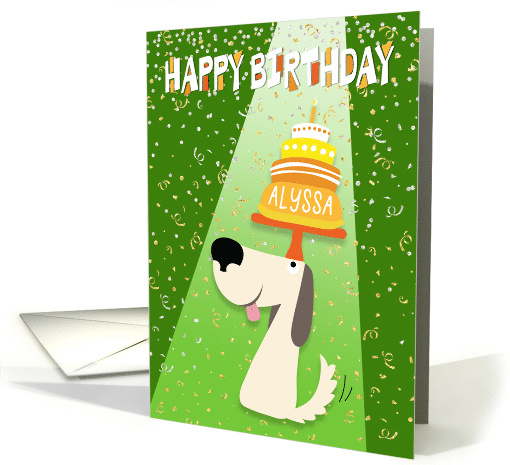 Alyssa Birthday Card - Dog Balancing Birthday Cake on Head card