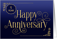 Employee 1st Anniversary Swirly Font Blue Gold card