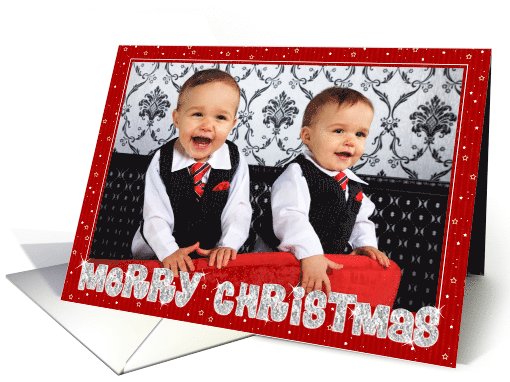 Christmas Photo Card - Red and Silver Merry Christmas and Stars card
