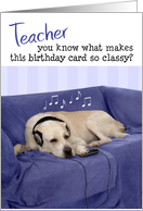 Teacher Humorous Birthday Card - Dog with Headphones Enjoying Music card