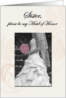 Invitation, sister to be maid of honor, with bride and pink boquet card