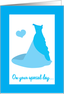 On your special day Congratulations wedding dress and heart in Blue card