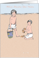 Welcome home, vacation, boys on beach card