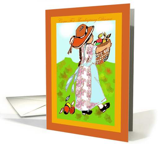 thanksgiving, invitation, peasant girl with basket, autumn leaves card