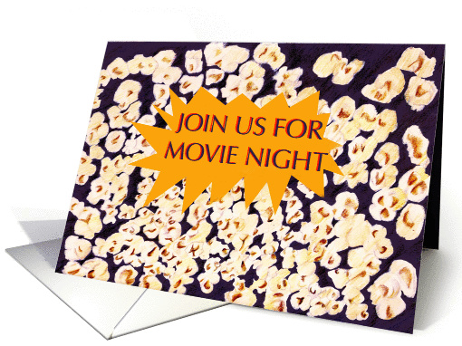 Join us for Movie Night, popcorn, invitation, yellow dialogue box card