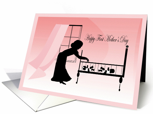 Happy first Mother's Day, silhouette of Mother and babies in crib card