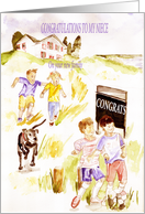 Congratulations to my niece, custody, children, dog running down hill card