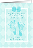 Niece Baby Shower Congratulations Blue Baby Footprints Printed Bow card