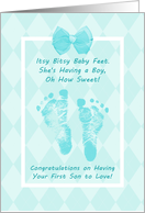 First Son Congratulations Blue Baby Footprints With Printed Bow card