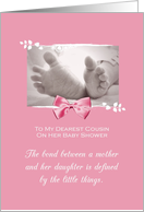 Cousin Baby Shower Congratulations Girl Baby Feet Printed Bow card