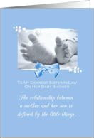 Sister In Law Baby Shower Congratulations Boy Baby Feet Printed Bow card