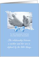 Sister Baby Shower Congratulations Boy Baby Feet Printed Bow card