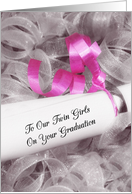 Girly Graduation Congratulations For Twin Girls With Pink Ribbon card