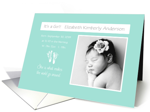 Modern Fresh Mint Footprints Baby Girl Photo Birth Announcement card