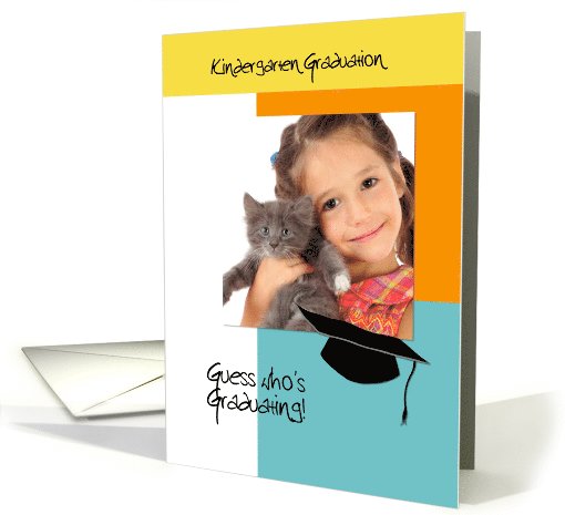 Trendy Photo Kindergarten Graduation Announcement Orange and Blue card