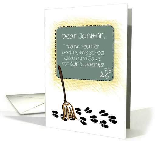 Thank You, School Janitor, Broom Sweeping Up Student Footprints card