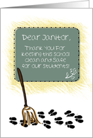 Thank You, School Janitor, Broom Sweeping Up Student Footprints card