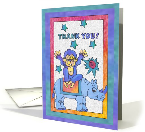 Blue Rhino and Monkey, general Thank You card (811562)