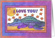 Purple Crocodile, I love you, blank greeting card