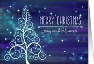 Merry Christmas to Parents, Swirled Tree & Bokeh Lights card