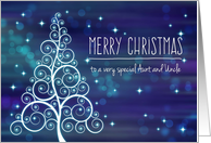 Merry Christmas Aunt & Uncle, Swirled Tree & Bokeh Lights card
