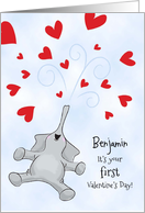 Custom Name Baby’s First Valentine’s Day, Elephant & Hearts card