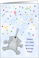 Custom Name First Birthday with Joyful Elephant card