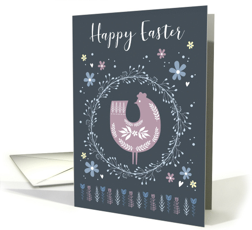 Happy Easter, Folk Art Floral Pattern and Spring Chicken card