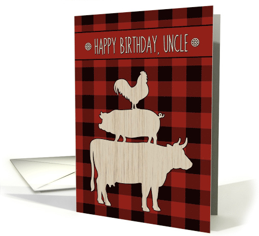 Birthday for Uncle with Red Buffalo Plaid and Farm Animals card