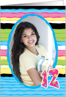 12 Year Birthday Customizable Photo Card, Colorful Stripes card