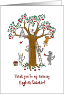 Thank you to English teacher, Cute cats climb apple tree card