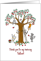 Thank you to tutor, Cute cats climb apple tree card