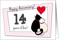 Happy 14th Wedding Anniversary - Two cats in love card