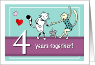 Happy 4th Wedding Anniversary, Two cats dancing card