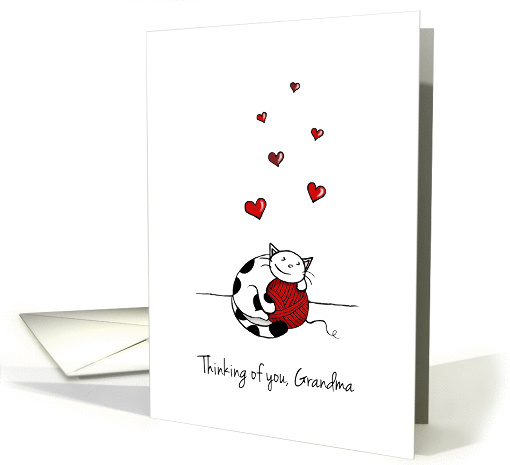 Thinking of you grandma, grandmother, Cute cat hugging yarn card