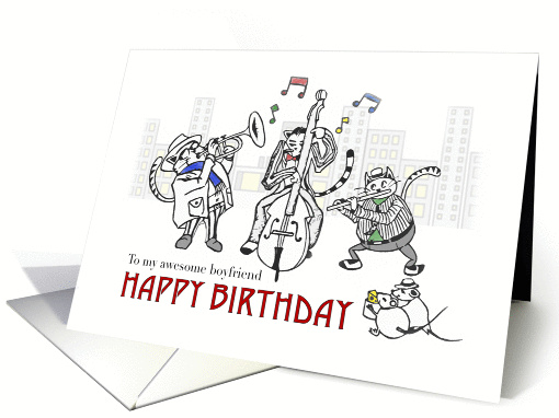 Happy birthday for boyfriend, Cats playing jazz music in the city card