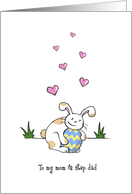 Happy Easter to mom and step dad, Cute bunny rabbit hugs egg card