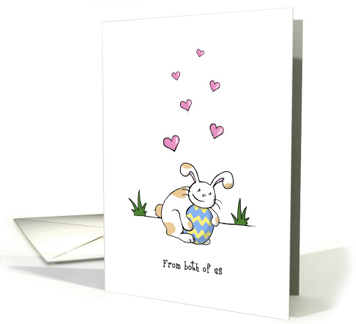 Happy Easter from both of us, Cute bunny rabbit hugs egg card