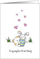 Happy Easter to neighbor and family, Cute bunny rabbit hugs egg card