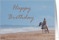 Happy Birthday-person on white horse on beach card