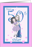 Happy 50th Birthday Sister-drawing of two young sisters hugging card