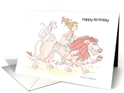 Little Girl Riding a Lion Birthday card (1086948)