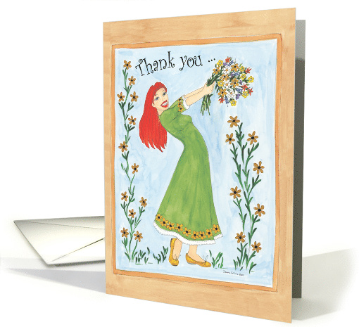 Thank you for your kindness, girl with red hair holding flowers card