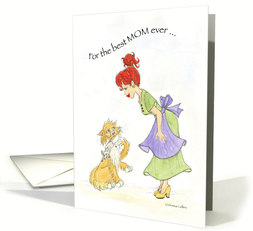 Mothers day card shows a golden yellow cat holding a mouse card