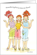 Three girlfriends laughing remembering fun times card