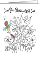 Birthday Coloring Book Card with Cute Whimsical Fairy Painting Flowers card